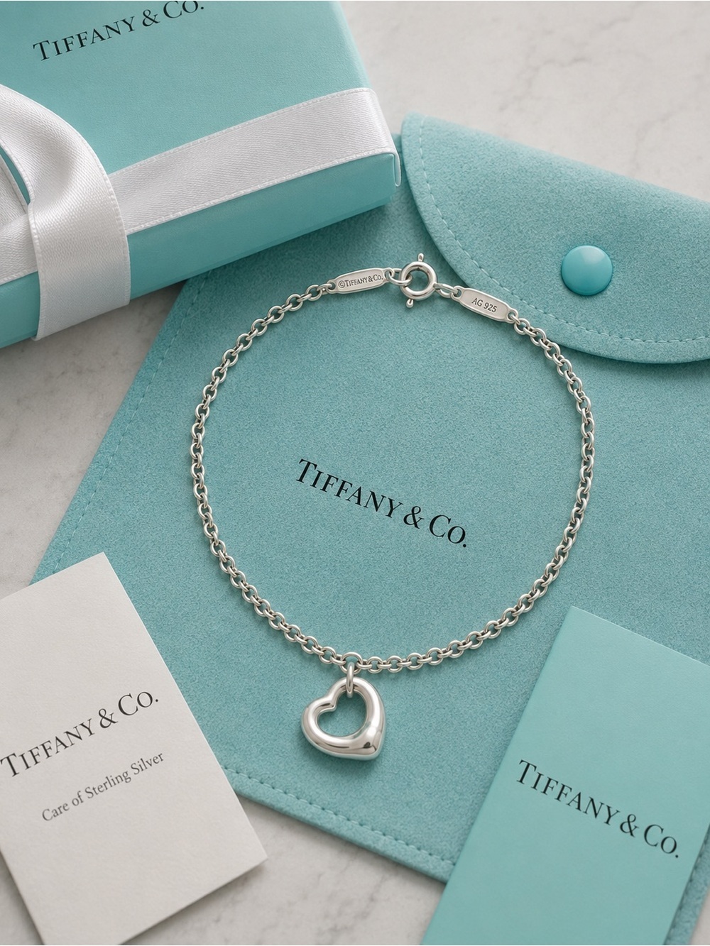 Tiffany & Co. Elsa Peretti Open Heart Bracelet Sterling Silver Large 7.5” Spain